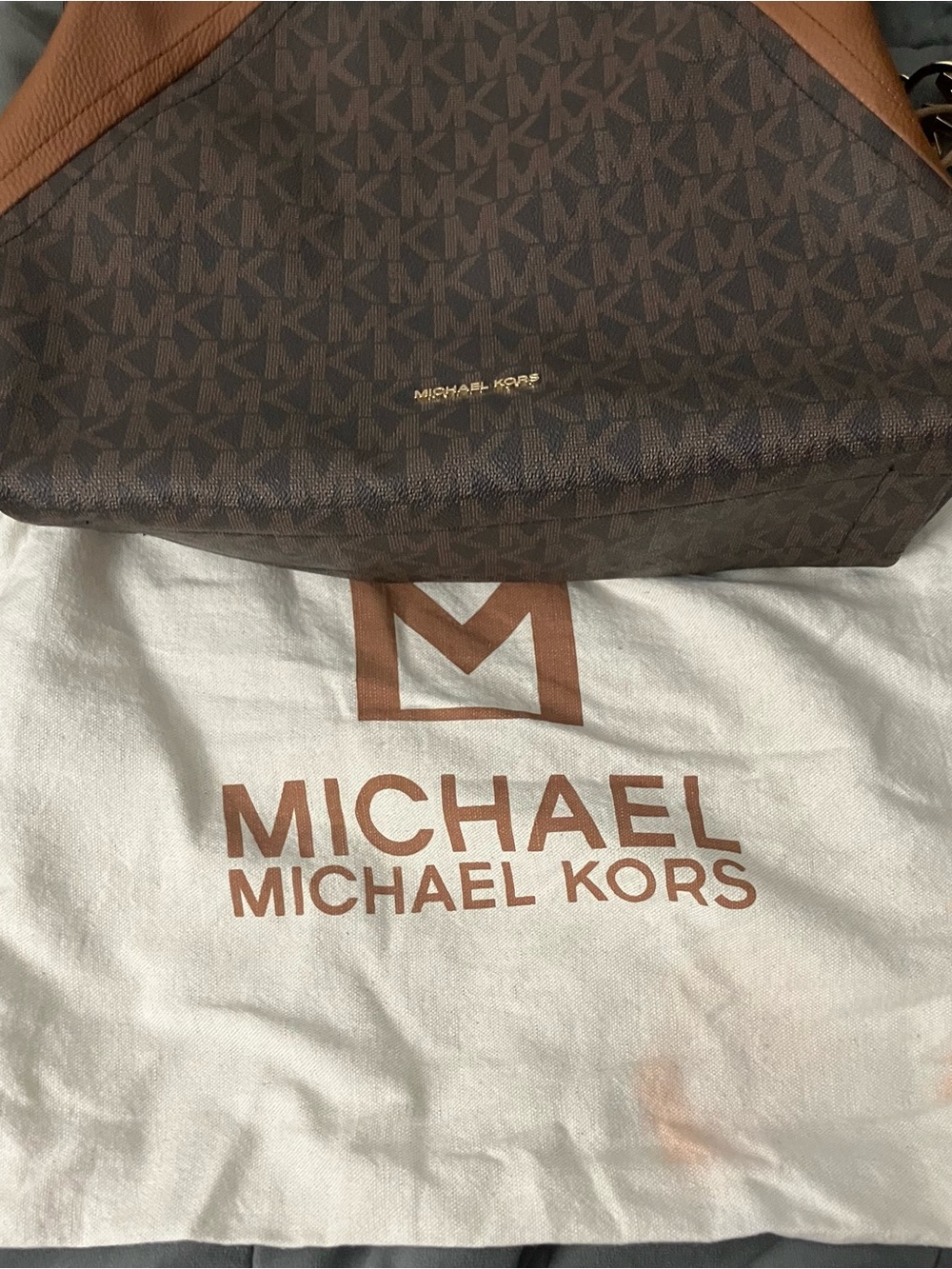 Michael Kors Brown and Tan MK logo hobo shoulder bad